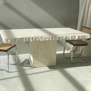 Mesa de comedor de piedra travertino natural, mesa de restaurante de mármol con escultura Rectangular de diseño de gama alta - Product Image 1