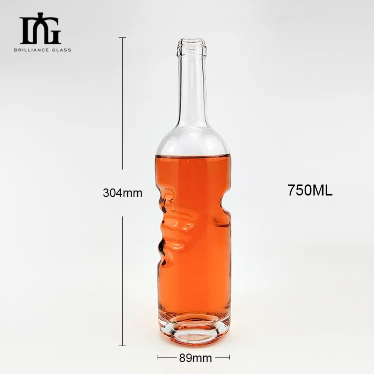 Bottiglia di whisky di vodka di lusso facile da tenere di lusso di fascia alta da 750ml di vendita calda rum di vetro in selce con sughero