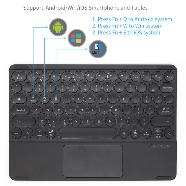 Sarung Keyboard BT Nirkabel dengan Touchpad, untuk iPad Pro Keyboard Dapat Digerakkan Tombol Kunci Bulat/Persegi