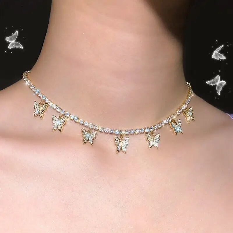 Collar de mariposa de cristal para mujer, joyería de oro, accesorios, fabricante, superventas