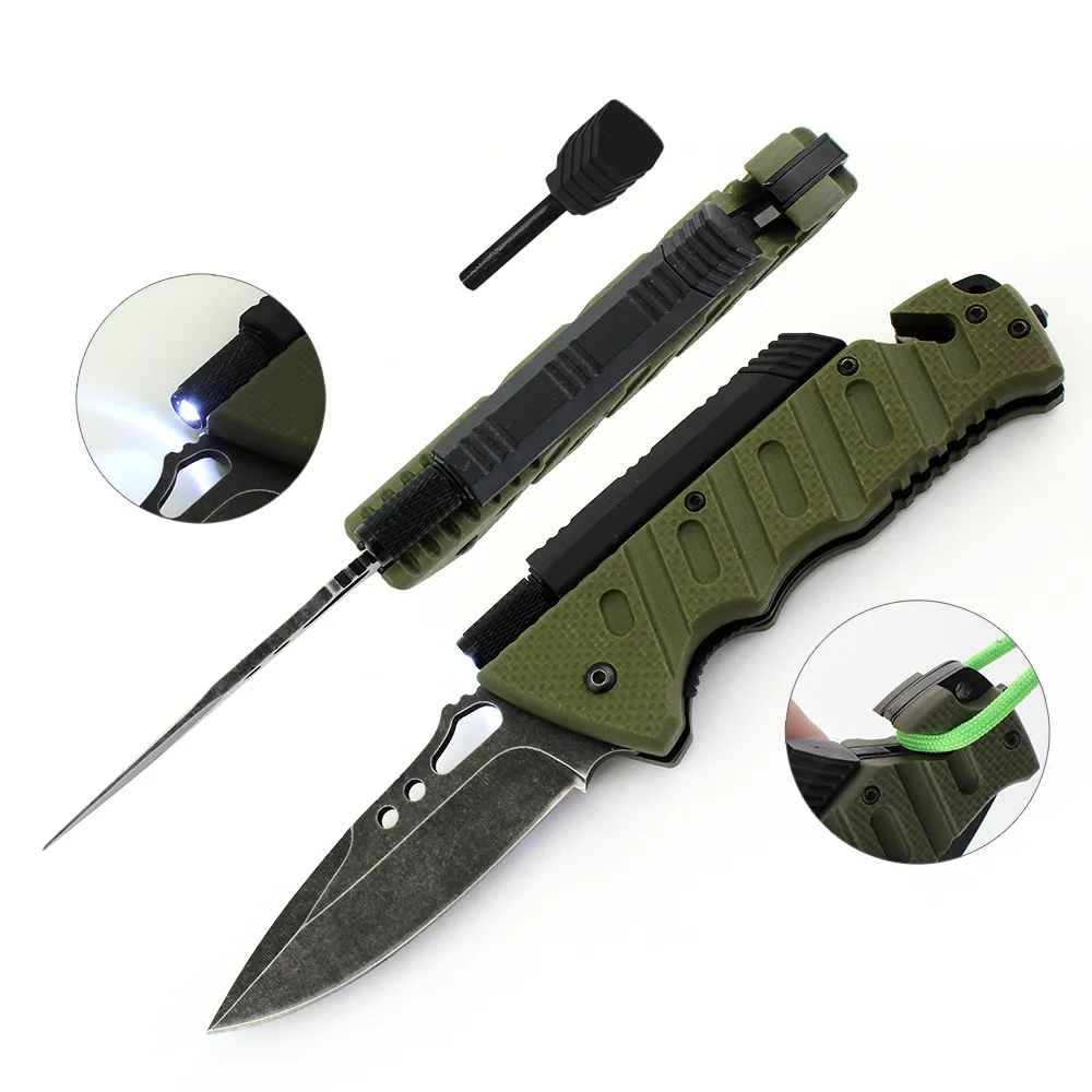EDC de chasse en plein air avec démarreur et couteau de poche pliable à LED couteau de survie tactique pliable