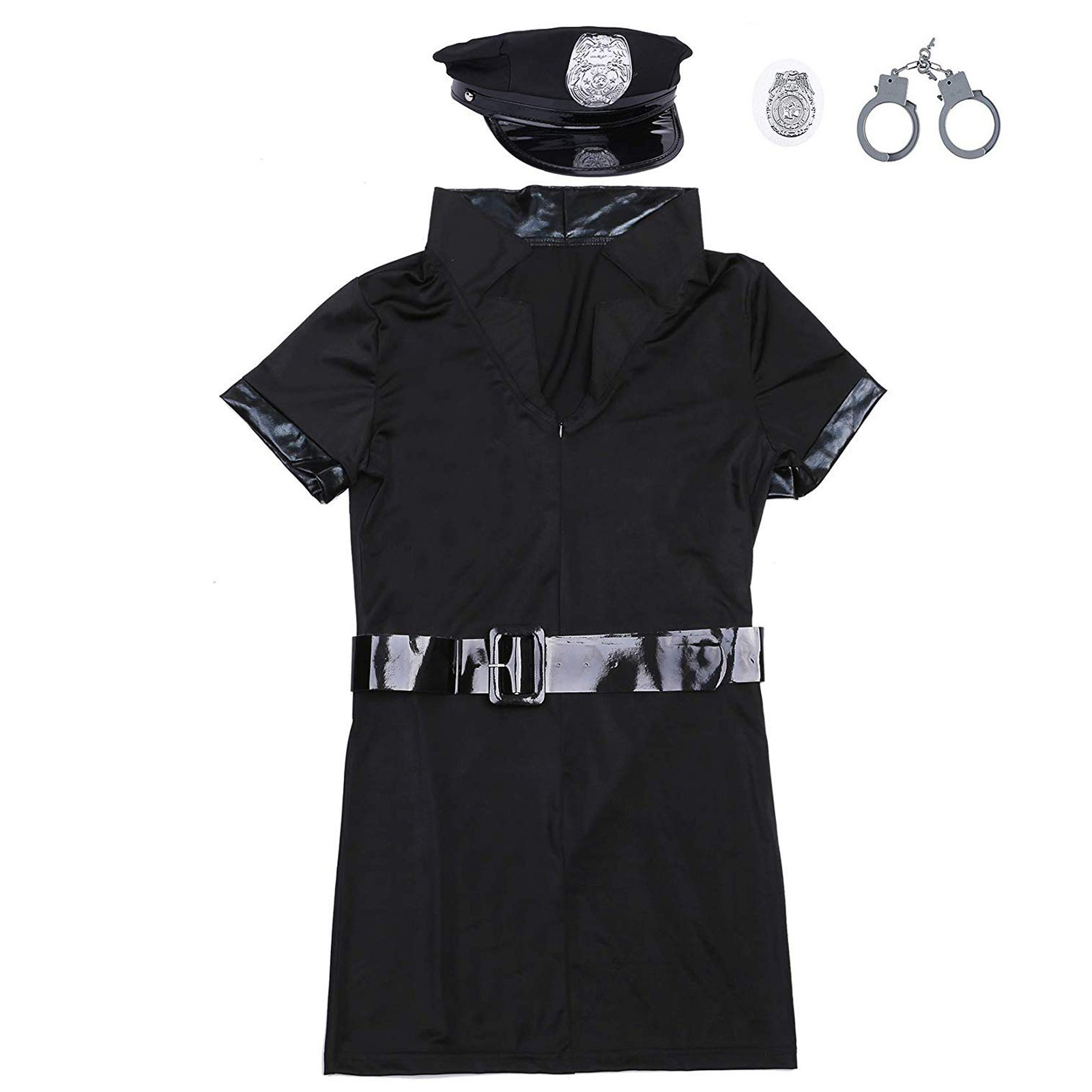 Jupe noire + chapeau + menottes + badge