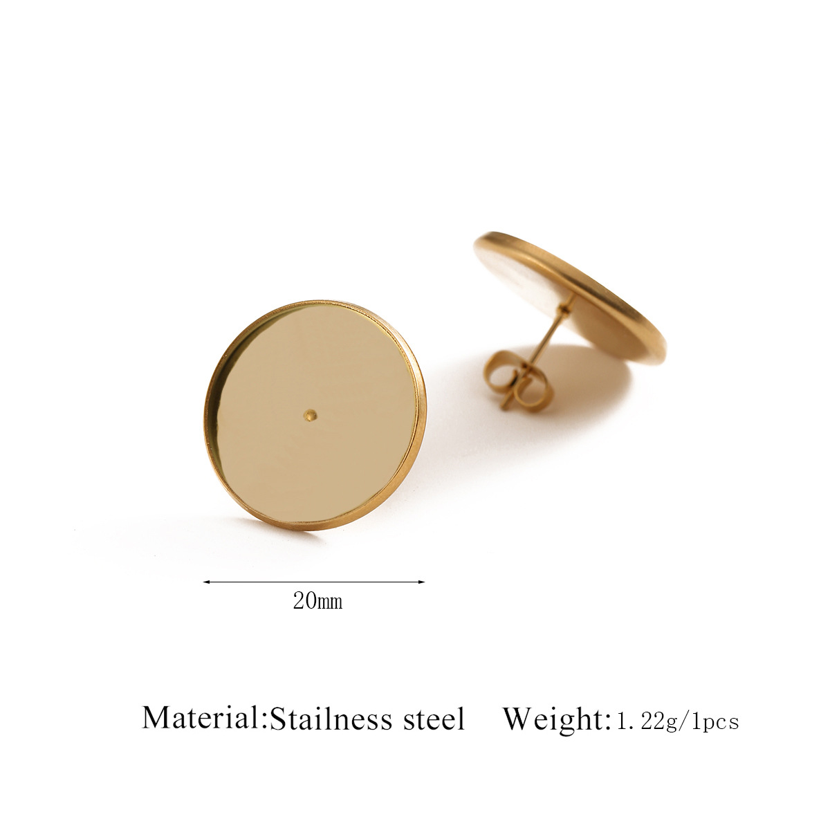 Disque doré de 20 mm avec tige à souder pour boucles d'oreilles.