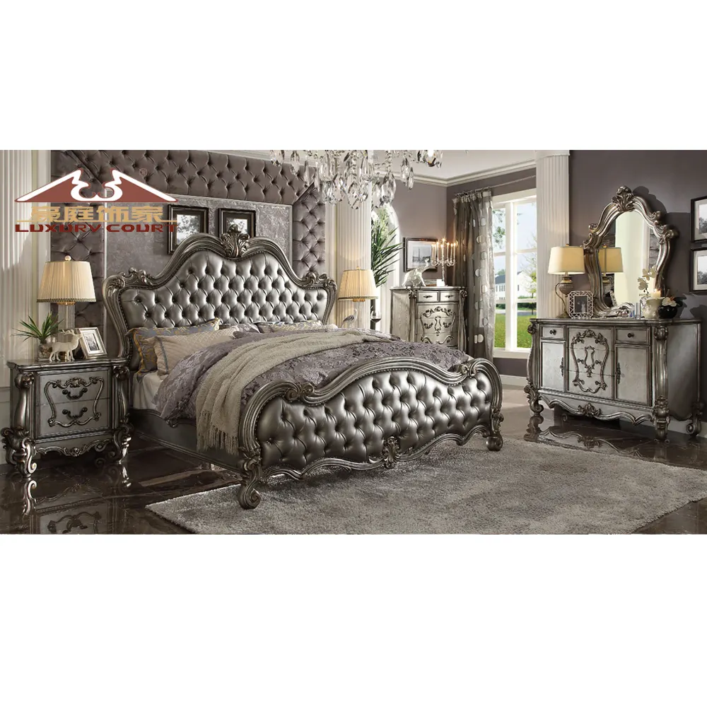 Console avec tabouret, lit king size, en bois massif, style Baroque, ensemble de meubles de chambre à coucher