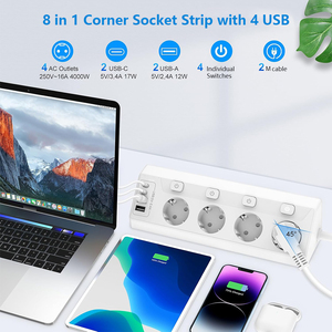 16A 8合1三角形结构交流<span class=keywords><strong>USB</strong></span> a型C型多插座书桌墙角电源集线器欧盟插头插座延长线电源板