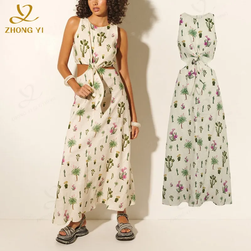 Fabricants de vêtements personnalisés longue mousseline de coton lin tissu imprimé Ditsy Floral Design taille évidant femmes décontracté Maxi robe