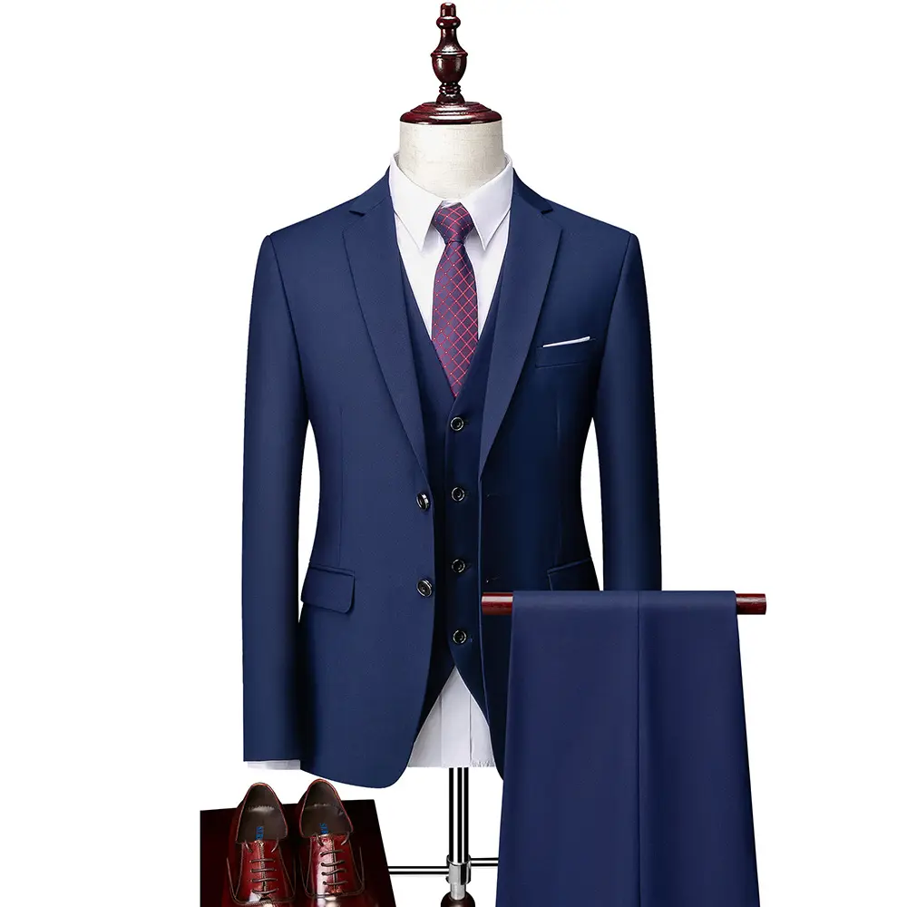 Erkek ince düz renk iş ofis takım elbise setleri lüks 3 parça erkek düğün Suit moda büyük boy erkekler Blazer + pantolon yelek