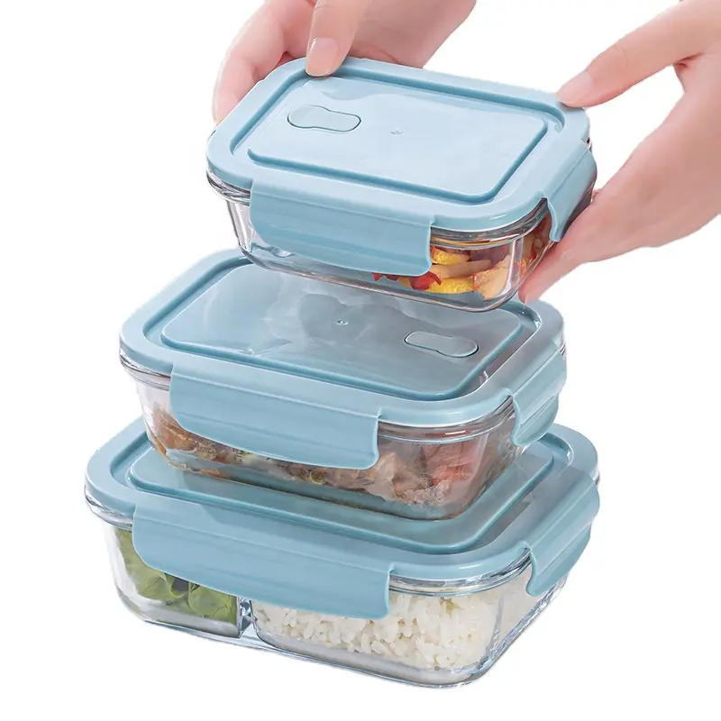 Contenitori rettangolari in vetro per alimenti Set Lunch Box con coperchi ventilati in vendita calda alta vetro borosilicato cucina a vapore