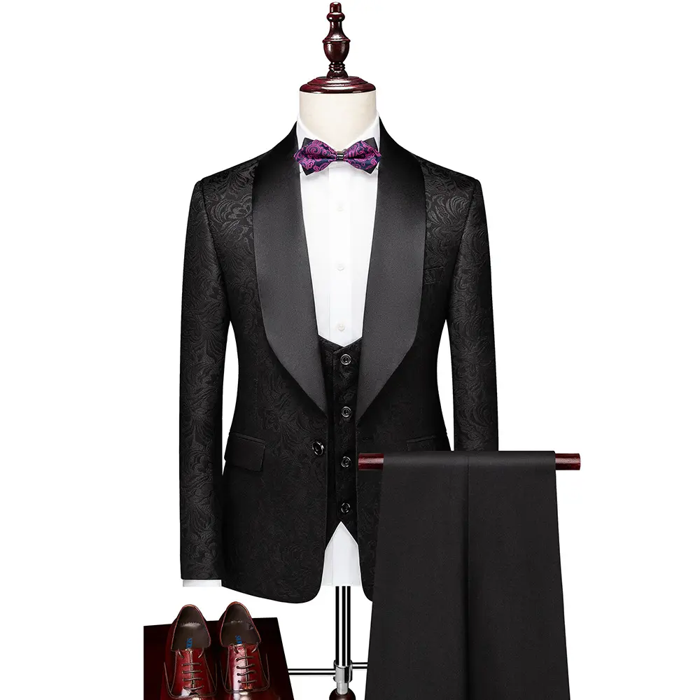 Costume 3 pièces pour hommes, veste, gilet et pantalon, châle, Jacquard, avec col en Satin noir, smoking 3 pièces, costume de marié, veste pantalon