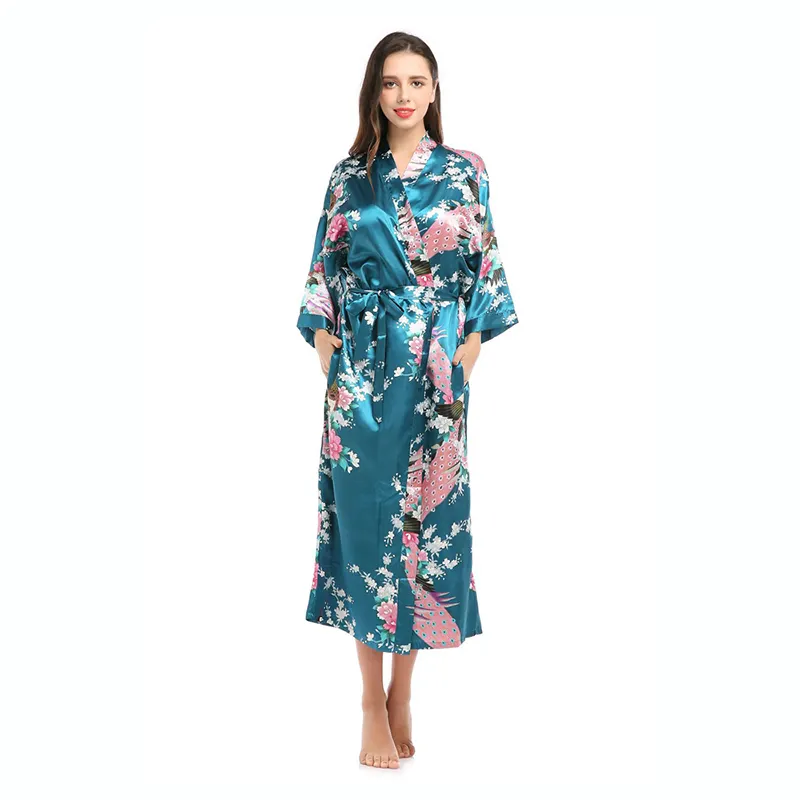 Bata larga tipo Kimono para mujer, con estampado de pavo real y flores