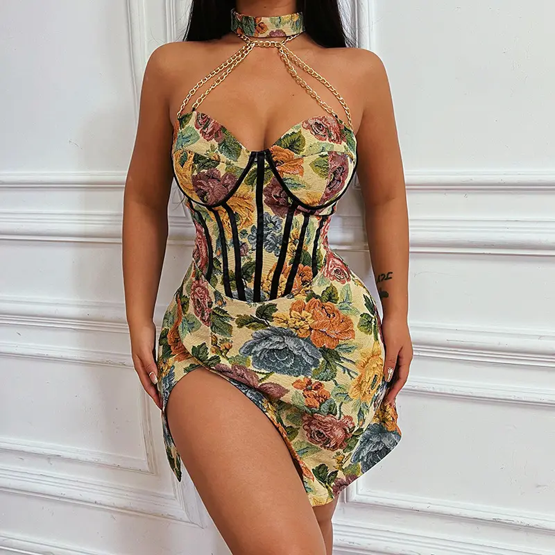 꽃 인쇄 여성 체인 패치 워크 고삐 코르셋 미니 드레스 사이드 슬릿 섹시한 Streetwear 파티 빈티지 드레스