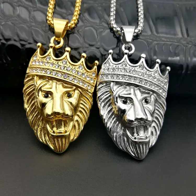 Quality Stainless Steel Crystal Crown Gold Lion pendant Necklace for Men