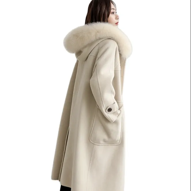 Фабричное производство, оптовая продажа, высококачественное шерстяное Женское пальто с капюшоном, роскошная женская зимняя одежда, шерстяное пальто с воротником из лисьего меха