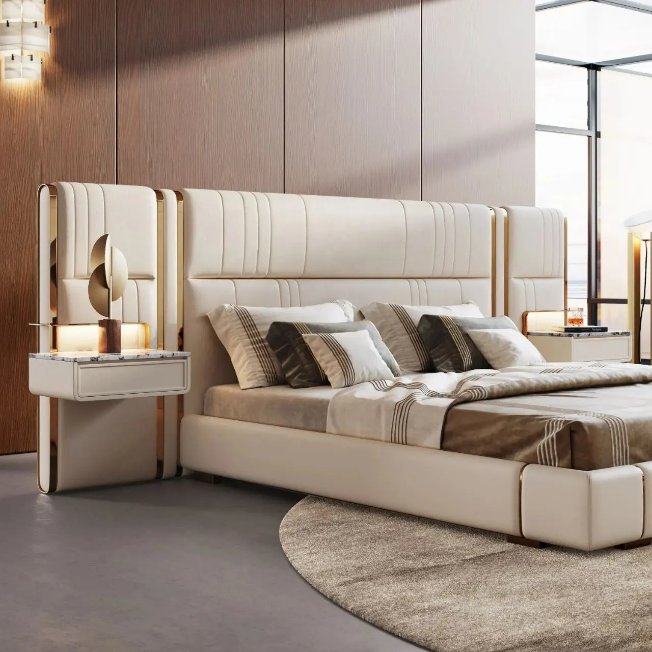 Cama de luxo italiana king size luz minimalista widescreen, cabeceira de couro, móveis para quartos grandes, móveis para quartos grandes e hotéis