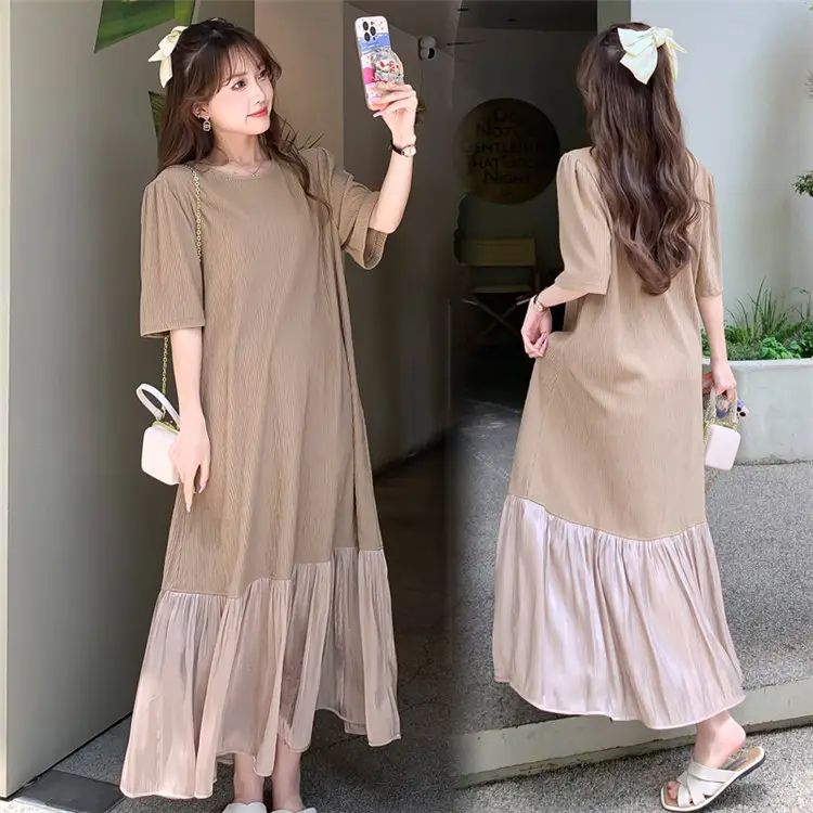 2023 estate coreano lungo Tee Dress Casual Blank Beach Boho maternità caviglia magliette Patchwork arruffato Maxi abiti per le donne