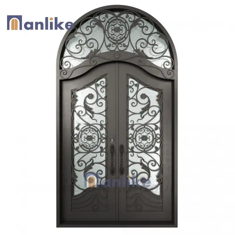 Anlike Pairs Design Luxurious Hotel Entry Iron Door Security Custom Golden Clear Glass Double Front Wrought Iron Door