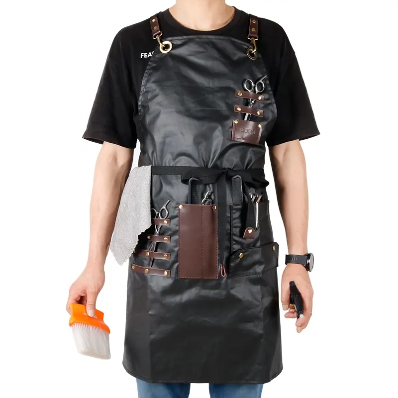 Changrong avental de cabeleireiro profissional, avental de algodão à prova d'água profissional preto personalizado para cabeleireiros