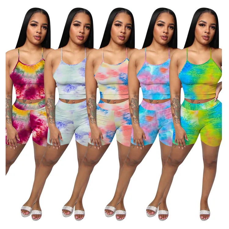 0060116 di Vendita caldo Tie Dye Colorato Estate Fashional Carro Armato Top E Pantaloncini Delle Donne 2 Pezzo Set Della Bretella di Sport A Due Pezzi abiti