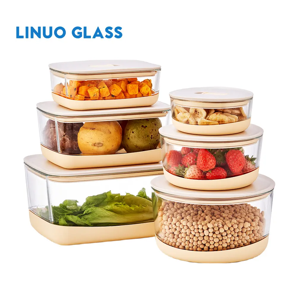 Linvent çevre dostu gıda hazırlık istiflenebilir kaymaz borosilikat cam konteyner ev havalandırma kapağı ile Set