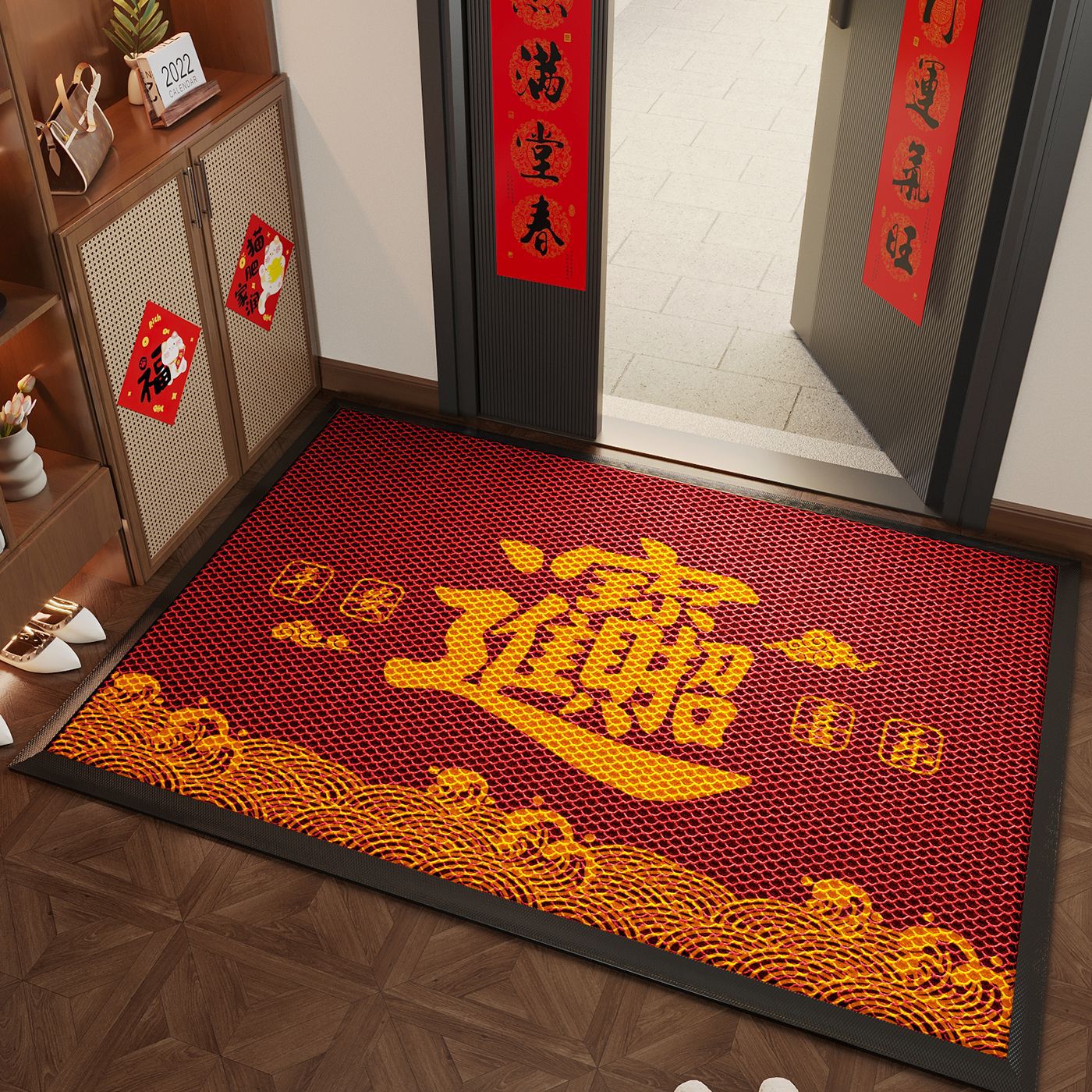 พรมเช็ดเท้า Elastic King - สันติ สุขสงบ ร่ำรวย โชคลาภ สีแดงจีน