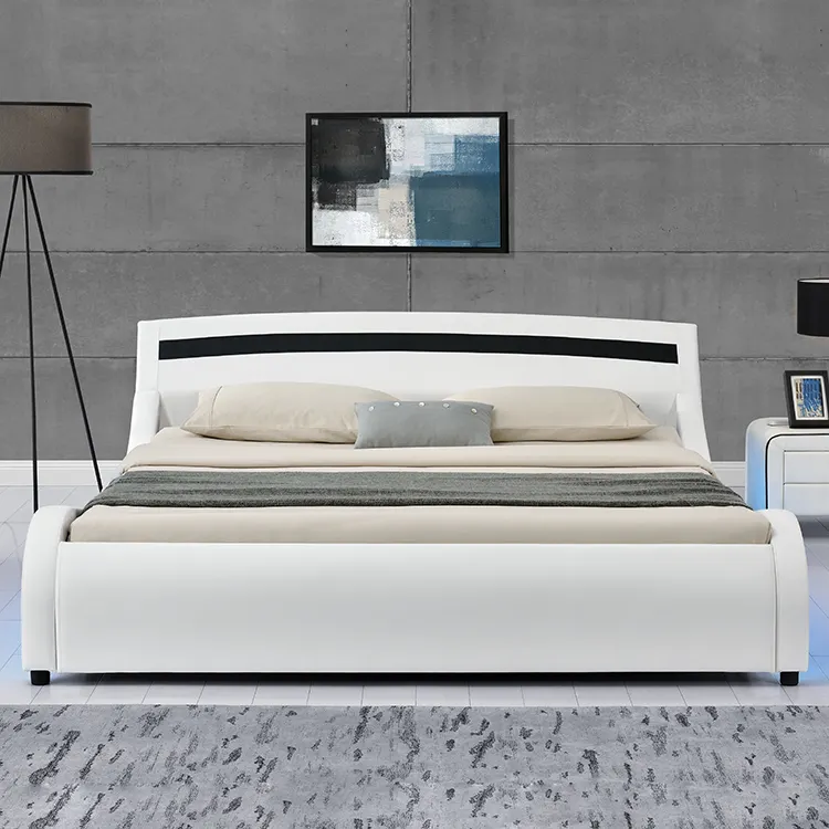 Willsoon tapicería cama de cuero con Decoración LED pu cuero cama doble muebles de diseño