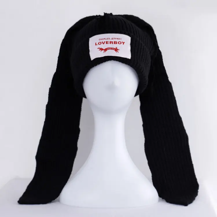 หมวกหูกระต่ายตัวยาวสีดำสำหรับผู้ชายผู้หญิง,หมวกแฟชั่นหมวกกันหนาวสีดำหัวกะโหลกขำขันกันหนาวหมวกบีนนี่สำหรับกลางแจ้งปี F-407