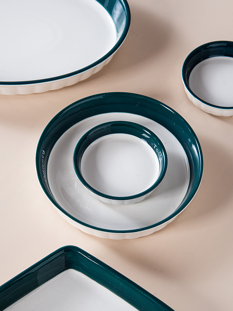 Nordic Ceramic Dinnerware Set with Dark Green Edge,pentagon plate special-shaped dinner set tableware set,plate bowl bakeware