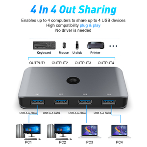 Aluminium Selector 4 Computer mit 4 USB-Geräten KVM Switch Hub-Adapter USB 3.0-Umschalter für Maus-Tastatur-Scanner-Drucker