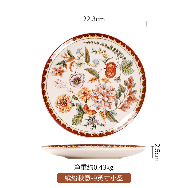 Plato de 9 pulgadas con diseño floral vintage otoñal.