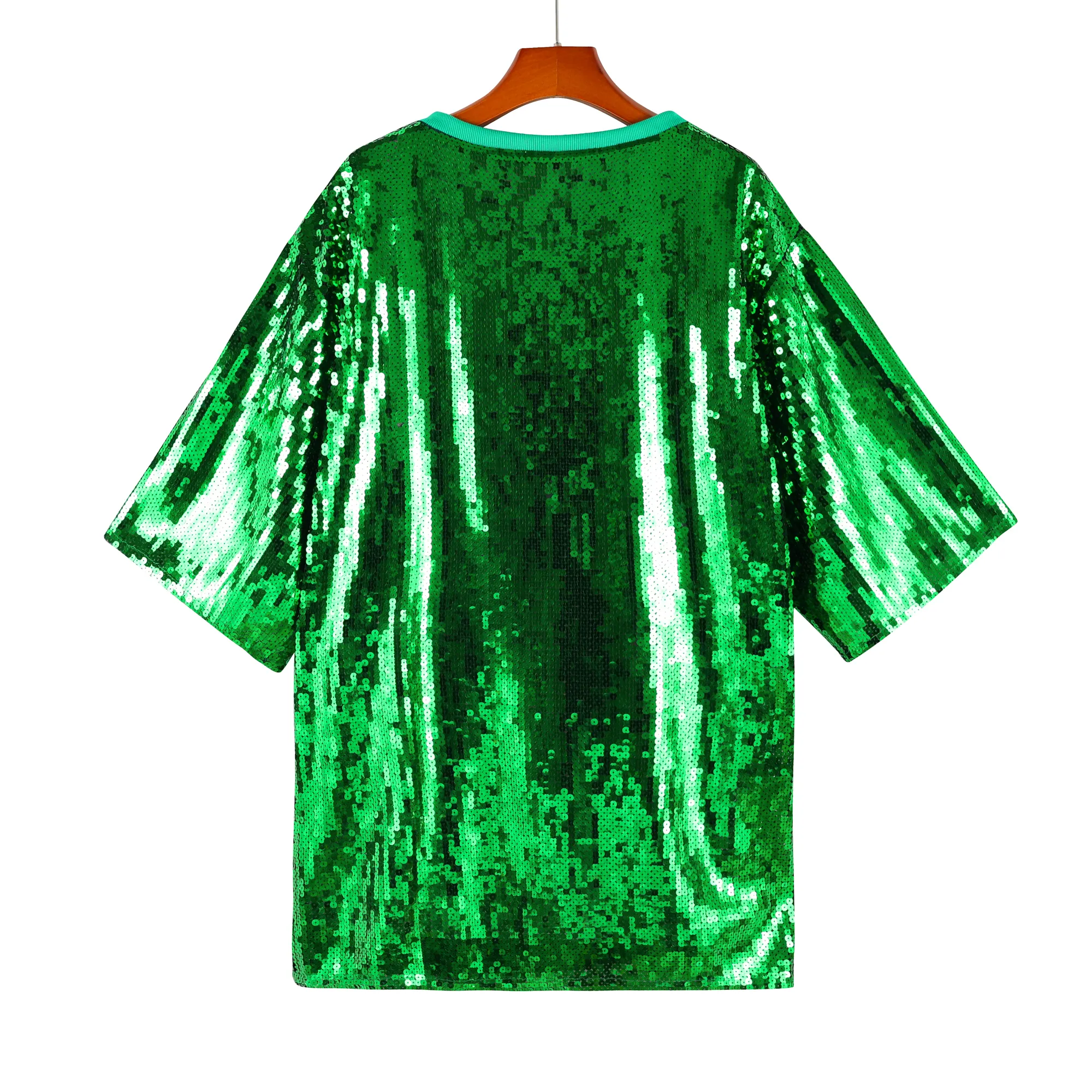 Venta al por mayor personalizado verde lentejuelas Jersey vestido camiseta Tops Bling Casual manga corta vestido de lentejuelas en stock