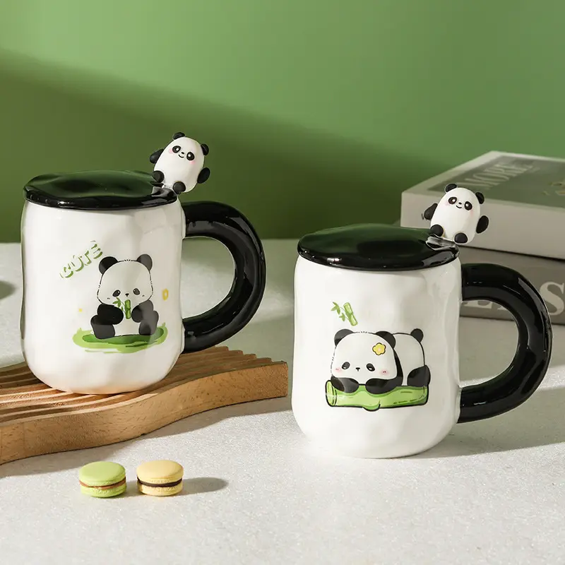 Lindo Panda Tazas de Cerámica Hogar Taza de Gran Capacidad Beber Café Tazas de Cerámica Con Tapa Cuchara