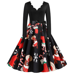 Negro de gran oscilación de impresión de Navidad Vintage vestido de traje de invierno de las mujeres casuales de manga larga cuello en V Sexy de la fiesta de año nuevo vestido plus tamaño