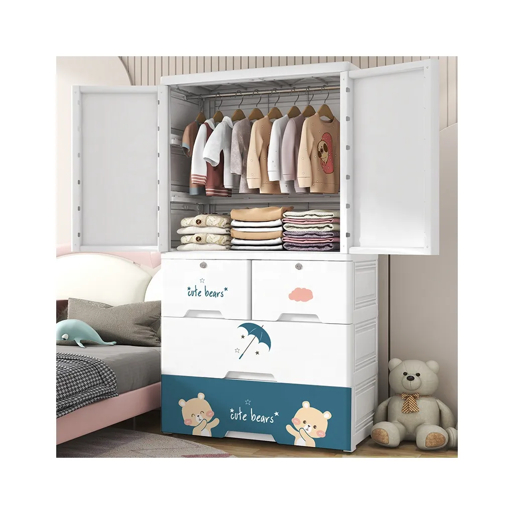 Armoire à 4 couches avec impression d'ours et de dessins animés chambre à coucher armoire pour bébé armoire de rangement pour enfants meuble en plastique à deux portes ouvertes