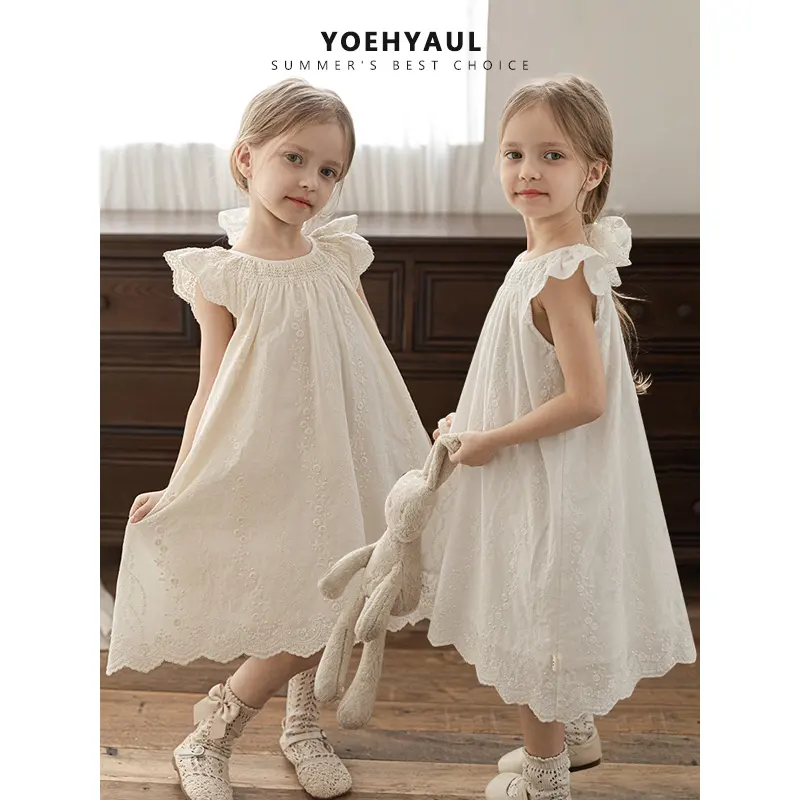 YOEHYAUL LX0183 Girls Romantic Wavy Side Dress 2024 Summer Newest Sweet and Cute Solid Color Embroidered Dress