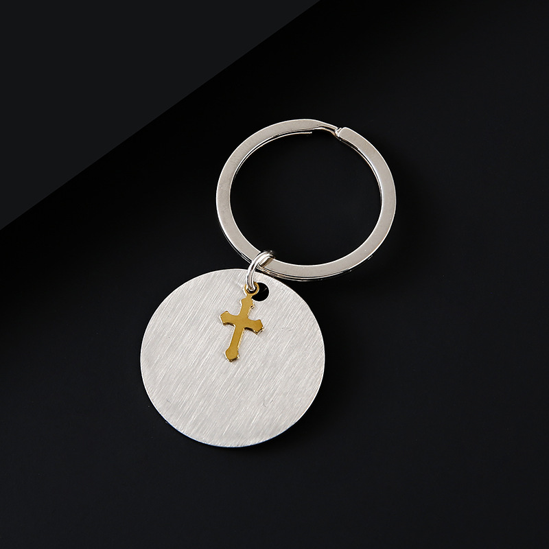 Silver brushed round key +Gold cross