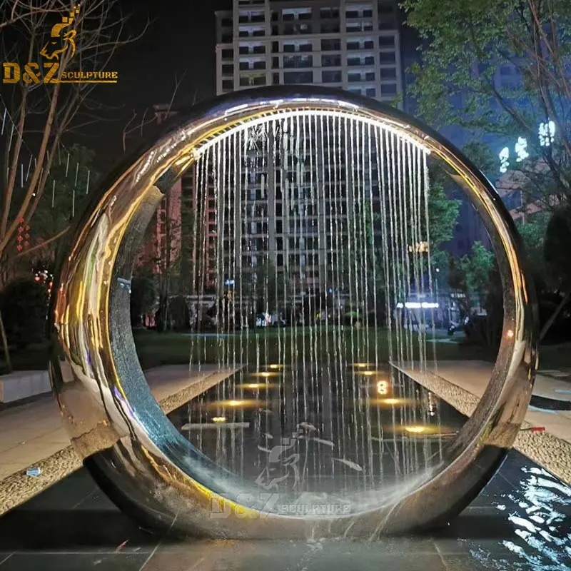 Açık bahçe Modern büyük paslanmaz çelik sanat daire ayna bitirme su özelliği çeşme heykeli