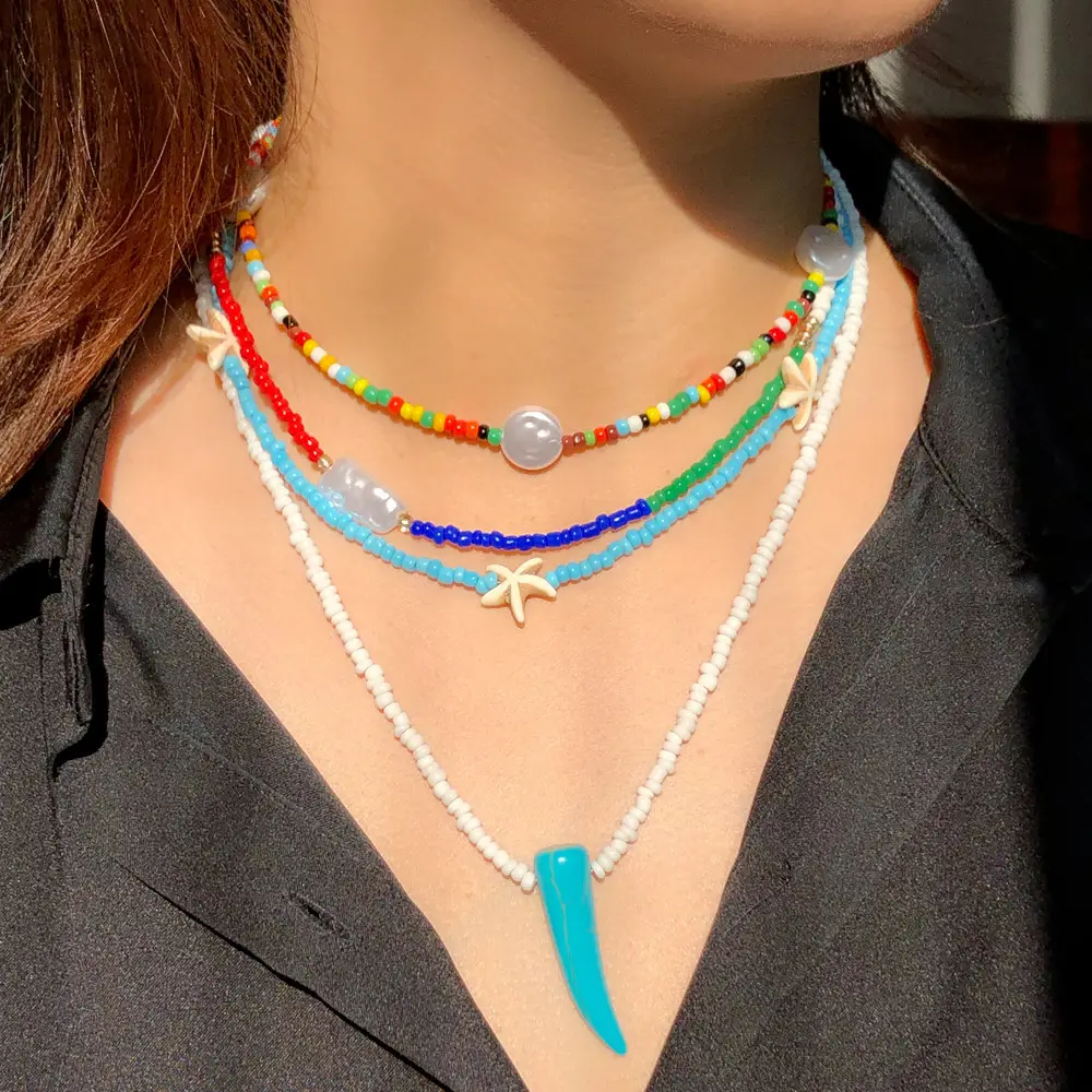 United States colorful rice bead choker starfish pearl multi-layer wear handmade beaded necklace women jewelry wholesale