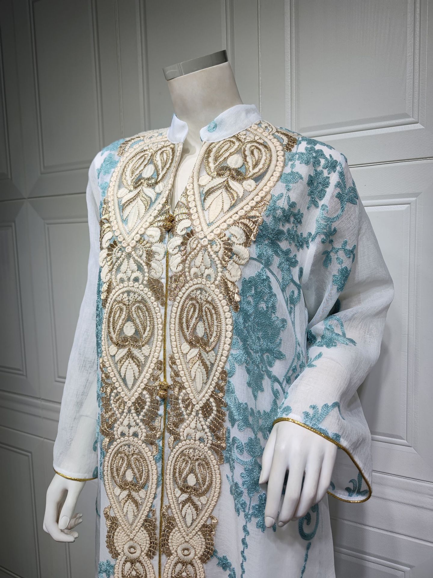 Dubai Arab Eid Al Fitr Middle East Gold Sequin Floral Embroidered Muslim Woman White Yarn Jalabiya Maxi Long Knee Length Dress