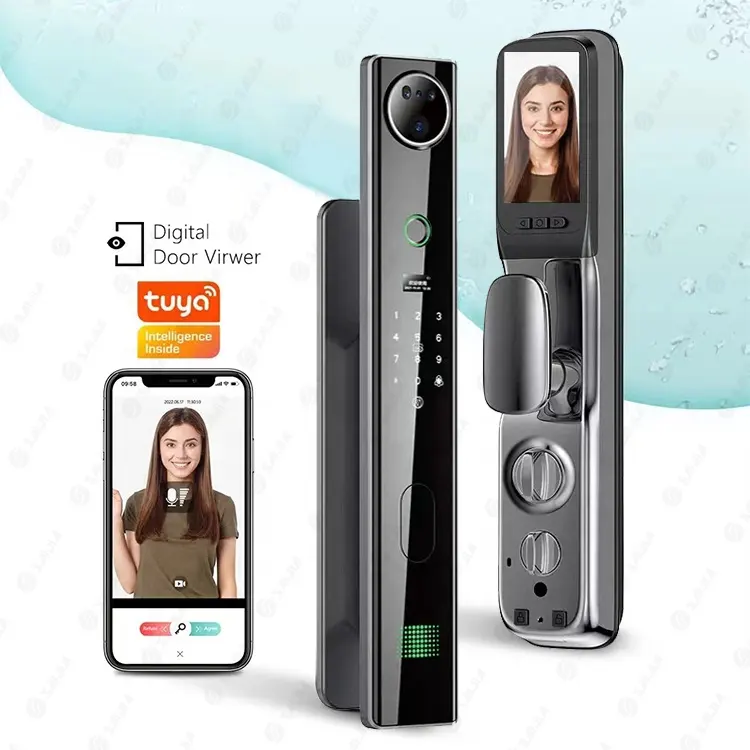 Tuya Kamera Sidik Jari Biometrik Wajah 3D Pintar Kunci Pintu WIFI Remote Control Kunci Pintu Otomatis dengan Kamera untuk Rumah