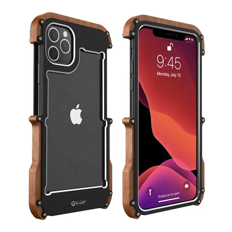 Funda de teléfono con marco de madera, carcasa de aleación de aluminio y Metal para iPhone 13 Pro Max, 12 Pro max xs max