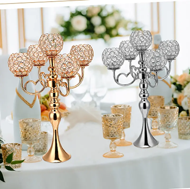 5 Arms Gold Silver Diamond Acrylic Candlestick Light For Event Wedding Party