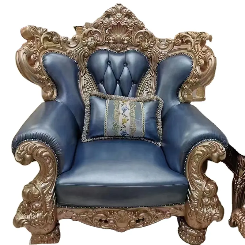 Juego de sofás clásicos de oro real, mueble de salón con marco de madera sólida, de lujo, de cuero auténtico, estilo italiano