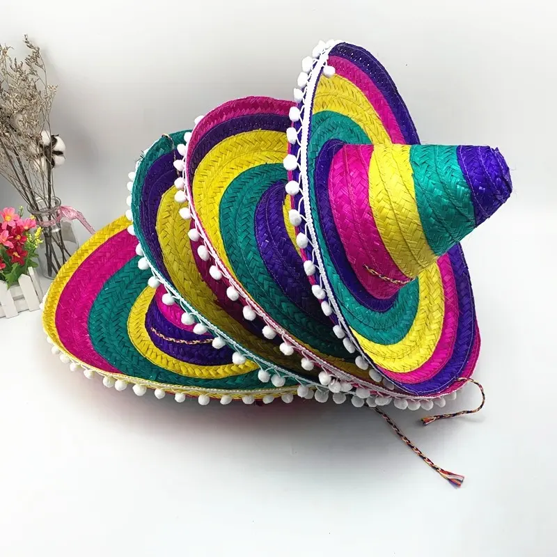 Cappelli di paglia messicani fantasia Unisex arcobaleno all'ingrosso personalizzati economici Beach Surf Sombrero cappello messicano per la festa