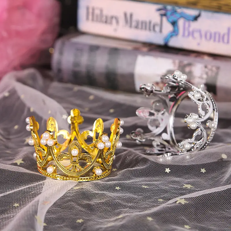 Mini corona de adornos para tarta de cumpleaños, decoración para tarta de oro, plata y negro