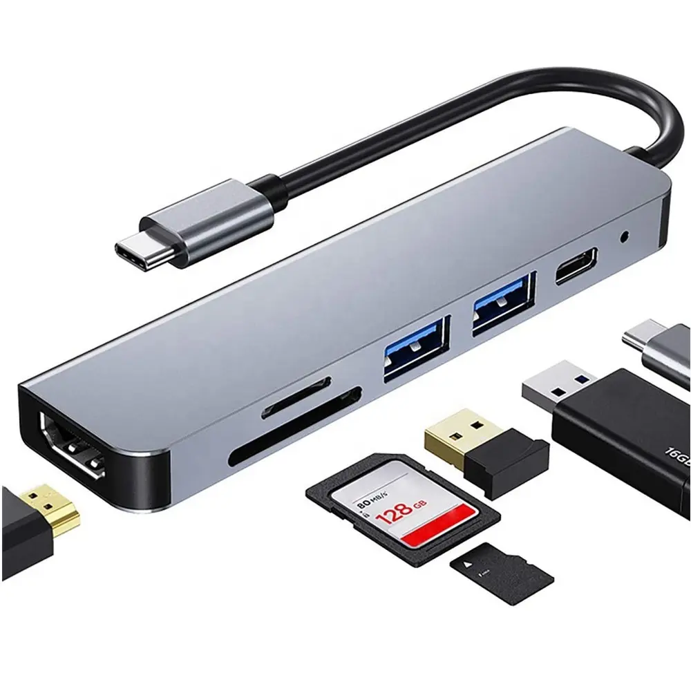 Concentrador de red 6 en 1 USB tipo C 4K HDMI con 2 USB-A, carga PD y lector de tarjetas TF / SD para MacBook Pro, iPad Pro y más