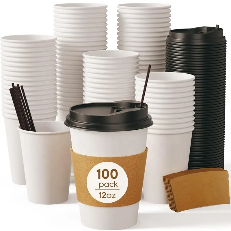 100 Pack 12 OZ Para Ir Copos De Café Copos De Café De Papel Descartáveis Com Tampas Mangas e Agitadores