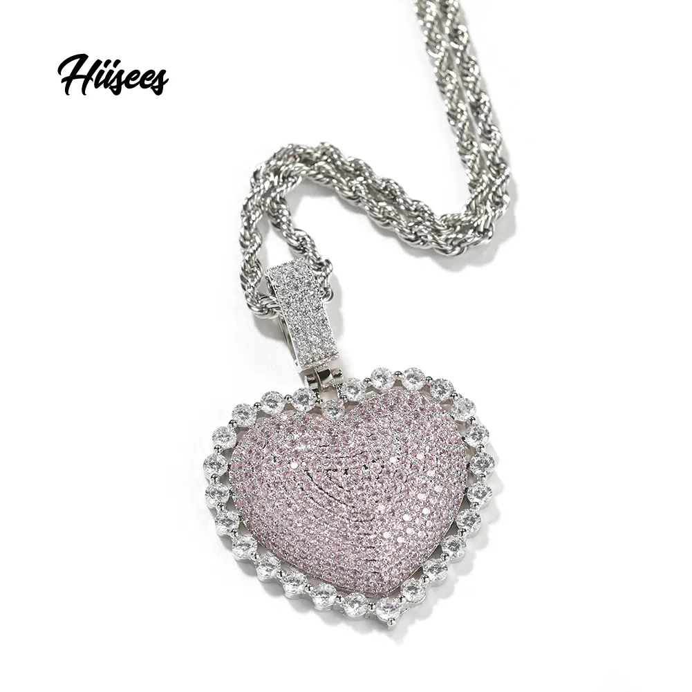 Icy-Colgante con forma de corazón para mujer y niña, collar de circonia cúbica ostentosa, joyería de diamante Rosa pavé de latón