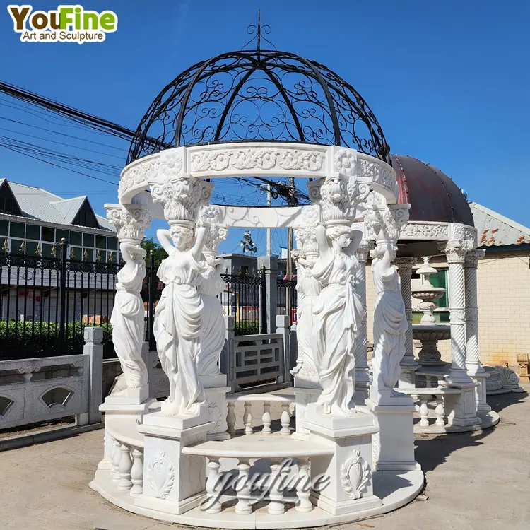 Gazebo da esterno da giardino con figura in marmo di pietra moderna bianca greca di lusso di grandi dimensioni con figura