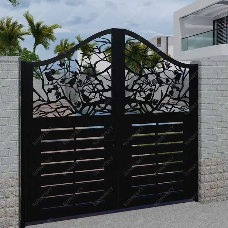 XIYATECH, puertas de jardín de hierro forjado automáticas personalizadas, diseño de puerta de entrada corredera eléctrica, puerta corredera de corte láser para exteriores