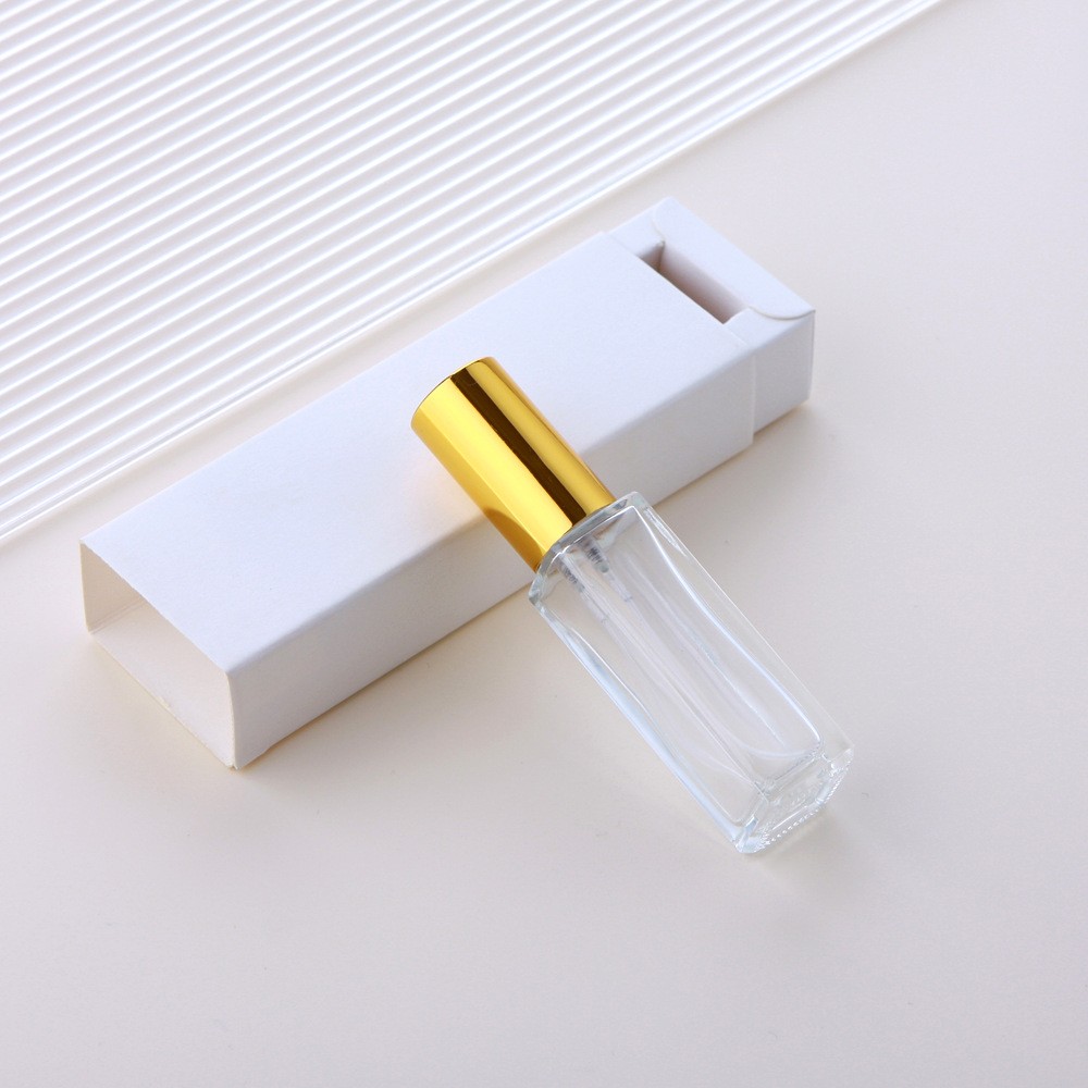 Botella pulverizadora de vidrio transparente + tapa dorada + caja blanca